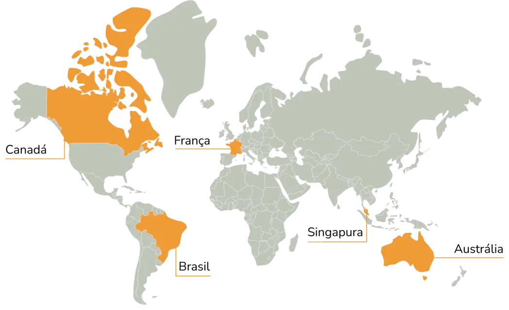 Mapa com atuação da Leadmedia: Canadá, Brasil, França, Singapura e Austrália